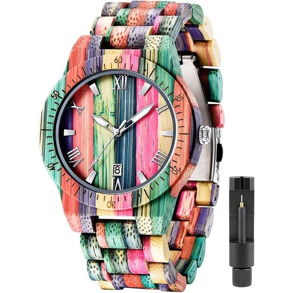 Men's Wooden Watches with Handmade Colorful Bamboo Analog Date Quartzor - Picture 1 of 7